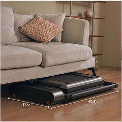 WalkingPad R3 Hybrid foldable walking treadmill stored under a sofa, compact design ideal for home exercise.
