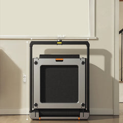 WalkingPad X25 double-folding treadmill for exercise and fitness, shown in upright storage position with sleek design.