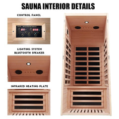 SAKSBY WHOLESALE Thermora Elara Premium 1-Person Indoor Infrared Sauna in Hemlock wood, showcasing its compact design and warm interior