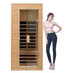 SAKSBY WHOLESALE Thermora Elara premium single-person indoor sauna with low EMF far infrared heat and Hemlock wood interior.