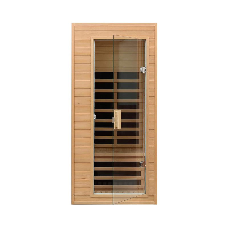 Thermora Elara Premium single-person indoor sauna by SAKSBY WHOLESALE with Hemlock wood, low EMF far infrared heat, ideal for home use