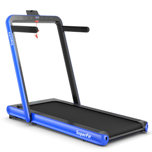 VYSN 4.75HP 2-in-1 folding treadmill in navy with remote control and app connectivity, showcasing the compact design and control panel.
