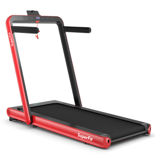 VYSN 4.75HP 2-in-1 folding treadmill with red frame, remote and app control, suitable for home fitness workouts.