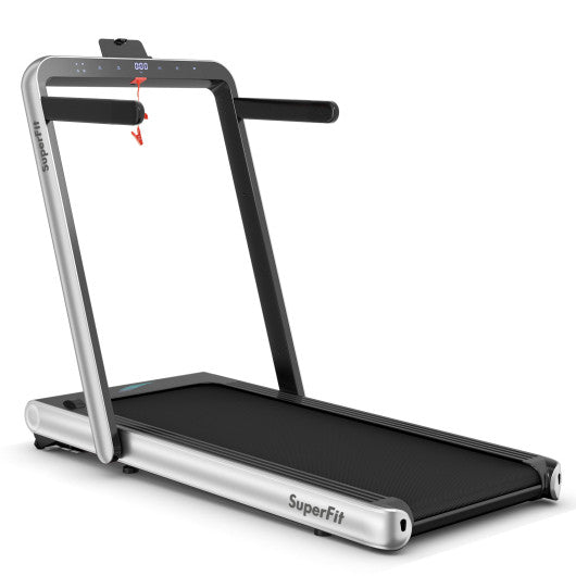 Silver VYSN 4.75HP 2-in-1 folding treadmill with remote control and app connectivity, showcasing the sleek workout surface.
