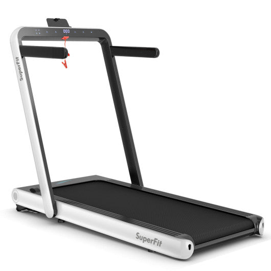 VYSN 4.75HP 2-in-1 white folding treadmill with remote and app control, showing the running belt and control panel.