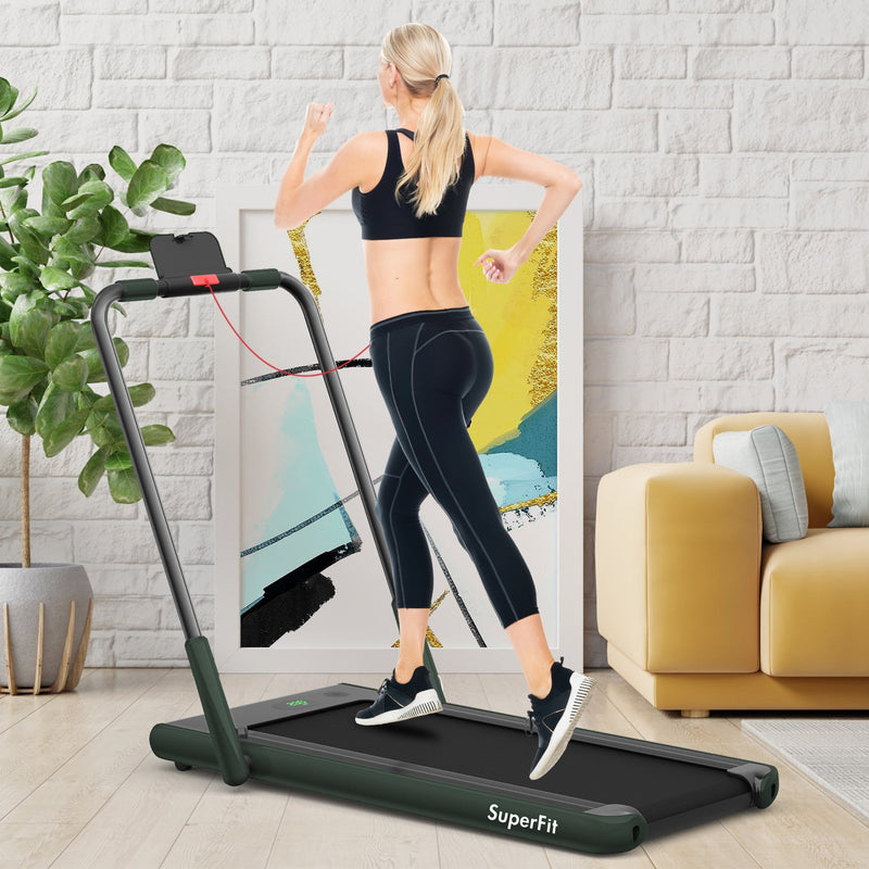 Green 2-in-1 folding treadmill by DirectDeals with LED display and remote control, perfect for home workouts.