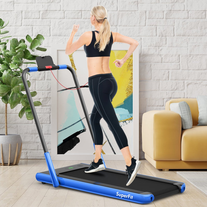 Blue 2-in-1 folding treadmill with remote control and LED display, ideal for home workouts, by DirectDeals.