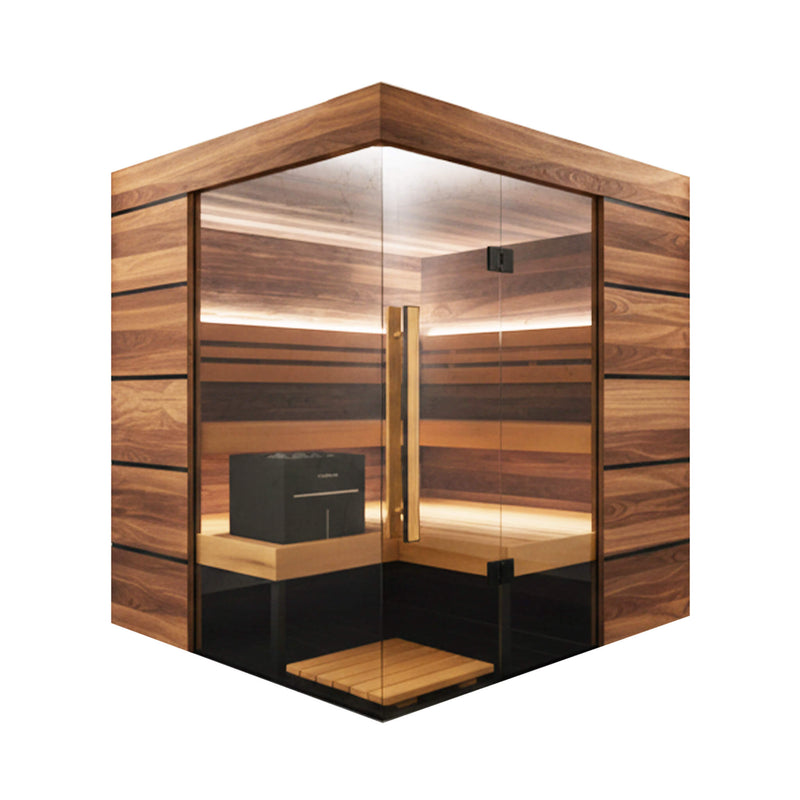 SAKSBY WHOLESALE ThermaSol Astra 4-Person Indoor Semi-Panoramic Glass Sauna Cabin, front-left view showing glass panels and interior seating.