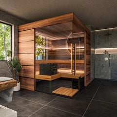 ThermaSol Astra 4-Person Indoor Semi-Panoramic Glass Sauna Cabin by SAKSBY WHOLESALE, showcasing glass panels and interior seating.