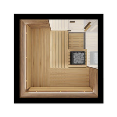 ThermaSol Astra 4-Person Indoor Semi-Panoramic Glass Sauna Cabin by SAKSBY WHOLESALE, top view showing the glass panels and interior seating.
