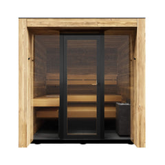 Front view of the fully-assembled 14-FORTIS ThermaSol Fortis outdoor sauna cabin by Saksby Wholesale for four persons.