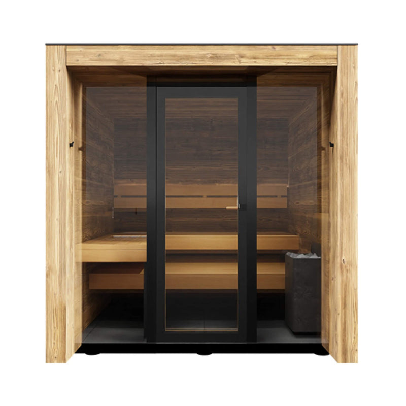 Front view of the fully-assembled 14-FORTIS ThermaSol Fortis outdoor sauna cabin by Saksby Wholesale for four persons.