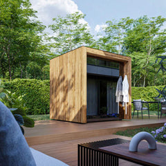 Outdoor 4-person sauna cabin by Saksby Wholesale with wooden exterior, fully assembled, designed for backyard relaxation.