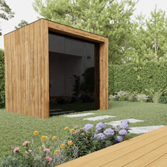 Outdoor 4-person sauna cabin by Saksby Wholesale, fully assembled ThermaSol Fortis model, shown from right side view.