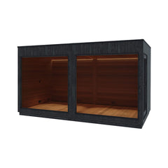 SAKSBY WHOLESALE ThermaSol Nordic Misty XL outdoor sauna lounge with single entrance, wooden exterior, and glass door, front-left view