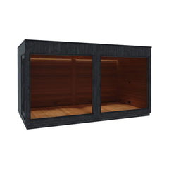 Front right view of SAKSBY WHOLESALE ThermaSol Nordic Misty XL outdoor sauna lounge with single entrance, showcasing wooden exterior and glass door.