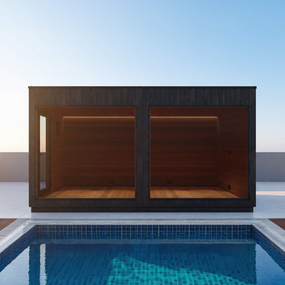 Outdoor sauna lounge by Saksby Wholesale featuring a Nordic Misty XL sauna with a single entrance, modern design, and wooden exterior.
