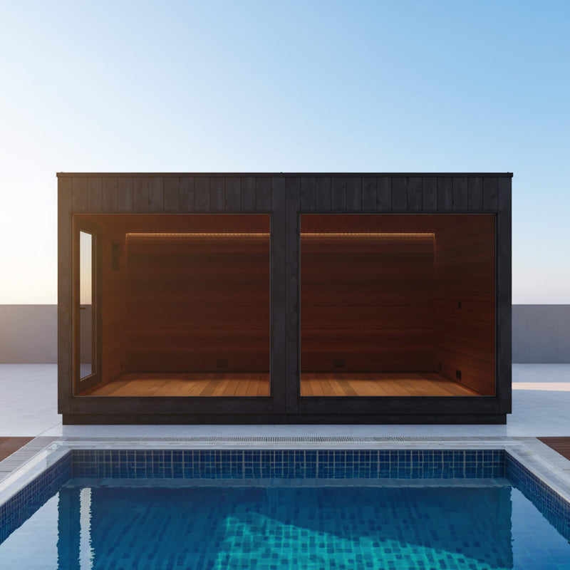 Outdoor sauna lounge by Saksby Wholesale featuring a Nordic Misty XL sauna with a single entrance, modern design, and wooden exterior.