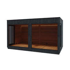 ThermaSol Nordic Misty XL Lounge outdoor sauna cabin with two entrances, made by Saksby Wholesale, featuring wooden exterior and glass doors.