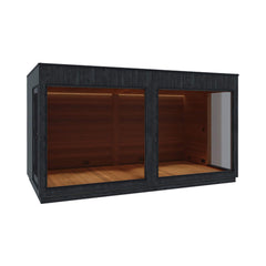 ThermaSol Nordic Misty XL outdoor sauna cabin by Saksby Wholesale, featuring two entrances and a modern design.