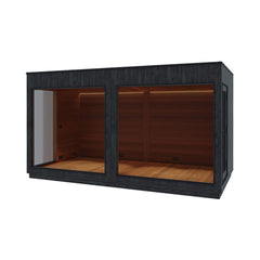 Outdoor sauna cabin by Saksby Wholesale, ThermaSol Nordic Misty XL Lounge with two entrances and authentic sauna features.