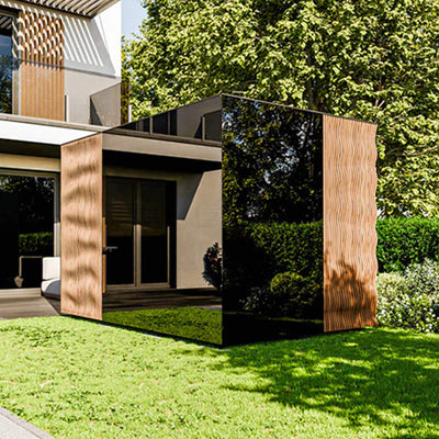 Outdoor view of the fully-assembled 5-person ThermaSol Ombra sauna by Saksby Wholesale, showcasing its wooden exterior and glass door.