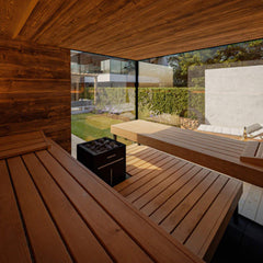 Panoramic view of the fully assembled 14-OMBRA ThermaSol Ombra outdoor sauna by Saksby Wholesale, designed for 5 persons.