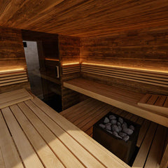 Fully assembled 5-person outdoor sauna by ThermoSol Ombra, with top bench view, in a natural outdoor setting.
