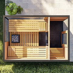 Inside view of SAKSBY WHOLESALE 14-OMBRA ThermaSol Ombra 5-person outdoor sauna showing wooden benches and interior lighting.