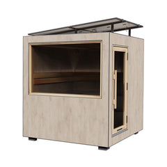 Fully assembled ThermaSol Solaris outdoor sauna cabin by Saksby Wholesale, 2-5 person size, front-left view showing wood interior and exterior.