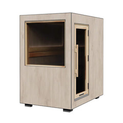 Outdoor sauna cabin by Saksby Wholesale, ThermaSol Solaris 2-5 person fully-assembled outdoor sauna with wooden exterior and side view.