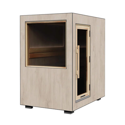 Outdoor sauna cabin by Saksby Wholesale, ThermaSol Solaris 2-5 person fully-assembled outdoor sauna with wooden exterior and side view.