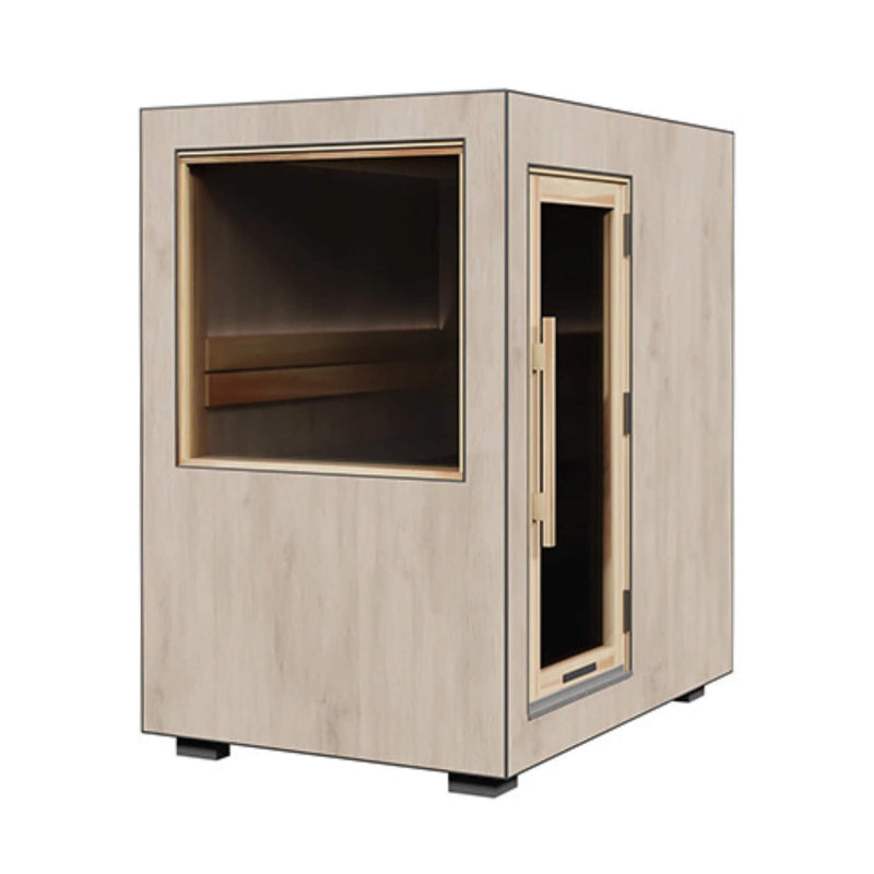 Outdoor sauna cabin by Saksby Wholesale, ThermaSol Solaris 2-5 person fully-assembled outdoor sauna with wooden exterior and side view.