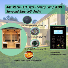 SAKSBY WHOLESALE Thermora 4-person infrared sauna room with full-spectrum low EMF carbonized composite panels and Bluetooth speakers.