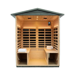 Inside view of SAKSBY WHOLESALE Thermora Eterna 4-Person Infrared Sauna with full-spectrum low EMF carbonized composite and Bluetooth speakers.