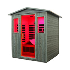 SAKSBY WHOLESALE Thermora Nivea 3-person infrared sauna with carbonized composite panels and Bluetooth speakers, front-left corner view.