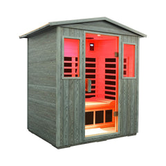 SAKSBY WHOLESALE Thermora Nivea 3-Person Infrared Sauna with carbonized composite panels and Bluetooth speakers, front right corner view.