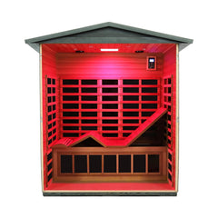 Inside view of SAKSBY WHOLESALE Thermora Nivea 3-person infrared sauna with full-spectrum low EMF carbonized composite wood and Bluetooth speakers.