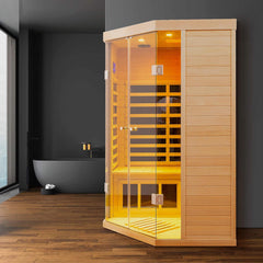 Thermora Laurent Premium 2-person infrared wooden sauna room with Bluetooth speakers and 1600W heater, corner space design.