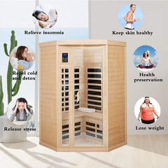 Thermora Laurent 2-person infrared wooden sauna by SAKSBY WHOLESALE with Bluetooth speakers, corner design, 1600W power.
