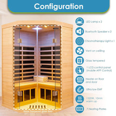 Thermora Laurent 2-person infrared wooden sauna by SAKSBY WHOLESALE with Bluetooth speakers and 1600W power, corner design.