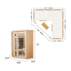 SAKSBY WHOLESALE Thermora Laurent 2-person infrared wooden sauna with Bluetooth speakers and 1600W heating element, corner design.
