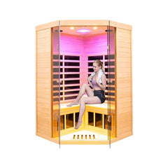 Thermora Laurent 2-person infrared wooden sauna room with Bluetooth speakers, 1600W, by SAKSBY WHOLESALE, front view with woman inside.