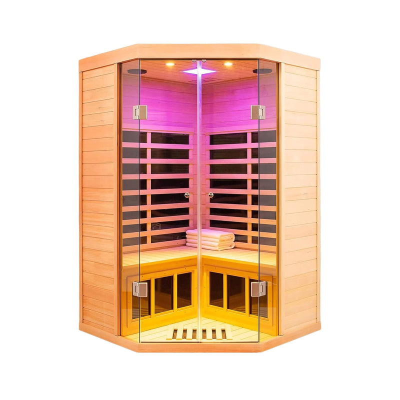 SAKSBY WHOLESALE Thermora Laurent 2-person infrared wooden sauna with Bluetooth speakers, front view showing corner design and interior.