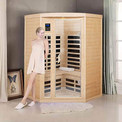 Thermora Laurent Premium 2-Person Infrared Wooden Sauna Room with Bluetooth speakers by SAKSBY WHOLESALE, showcasing a cozy corner sauna setup.