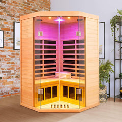 SAKSBY WHOLESALE Thermora Laurent 2-person wooden infrared sauna with Bluetooth speakers and corner design, 1600W.